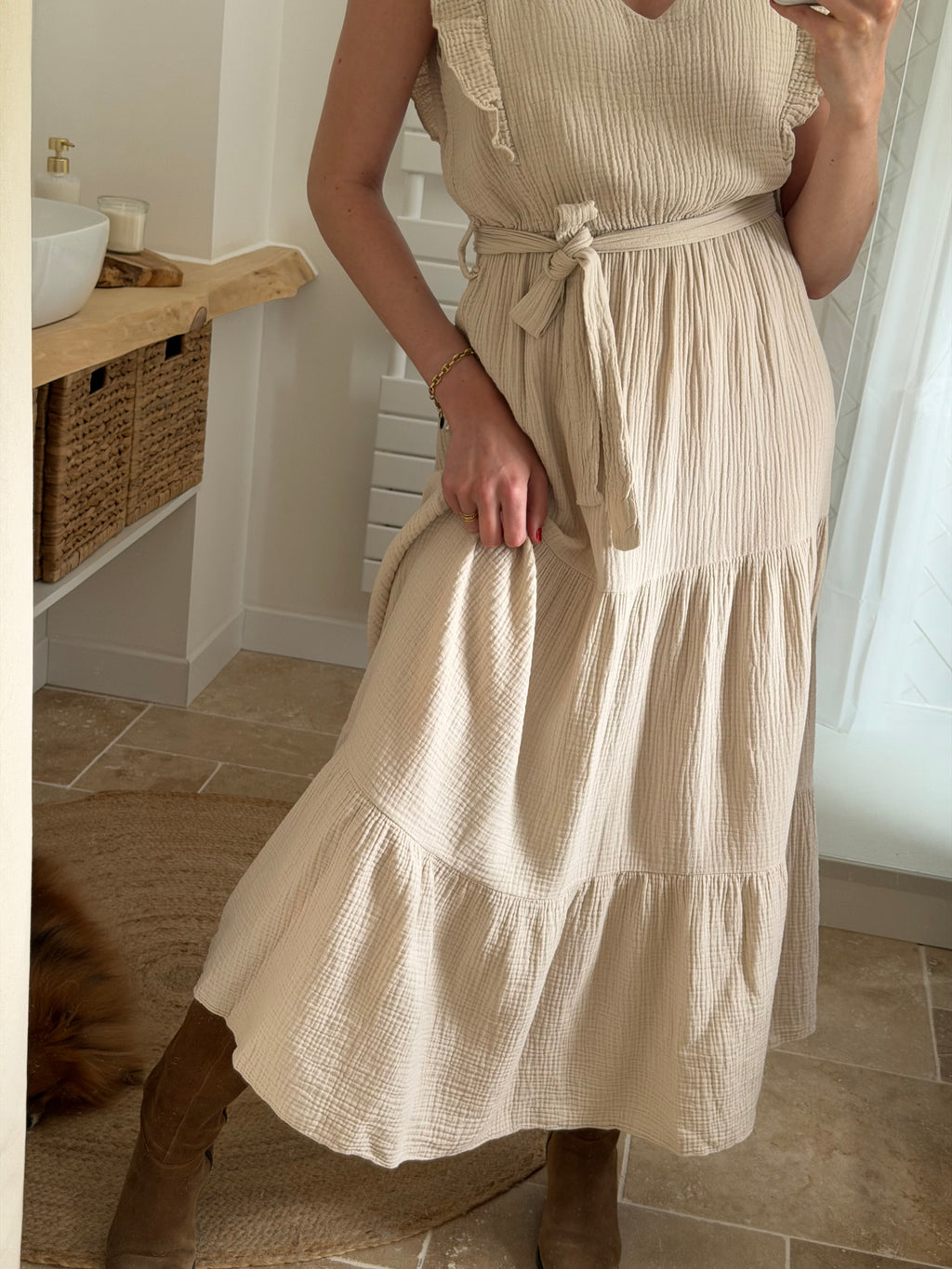 Robe longue en gaze de coton - Beige