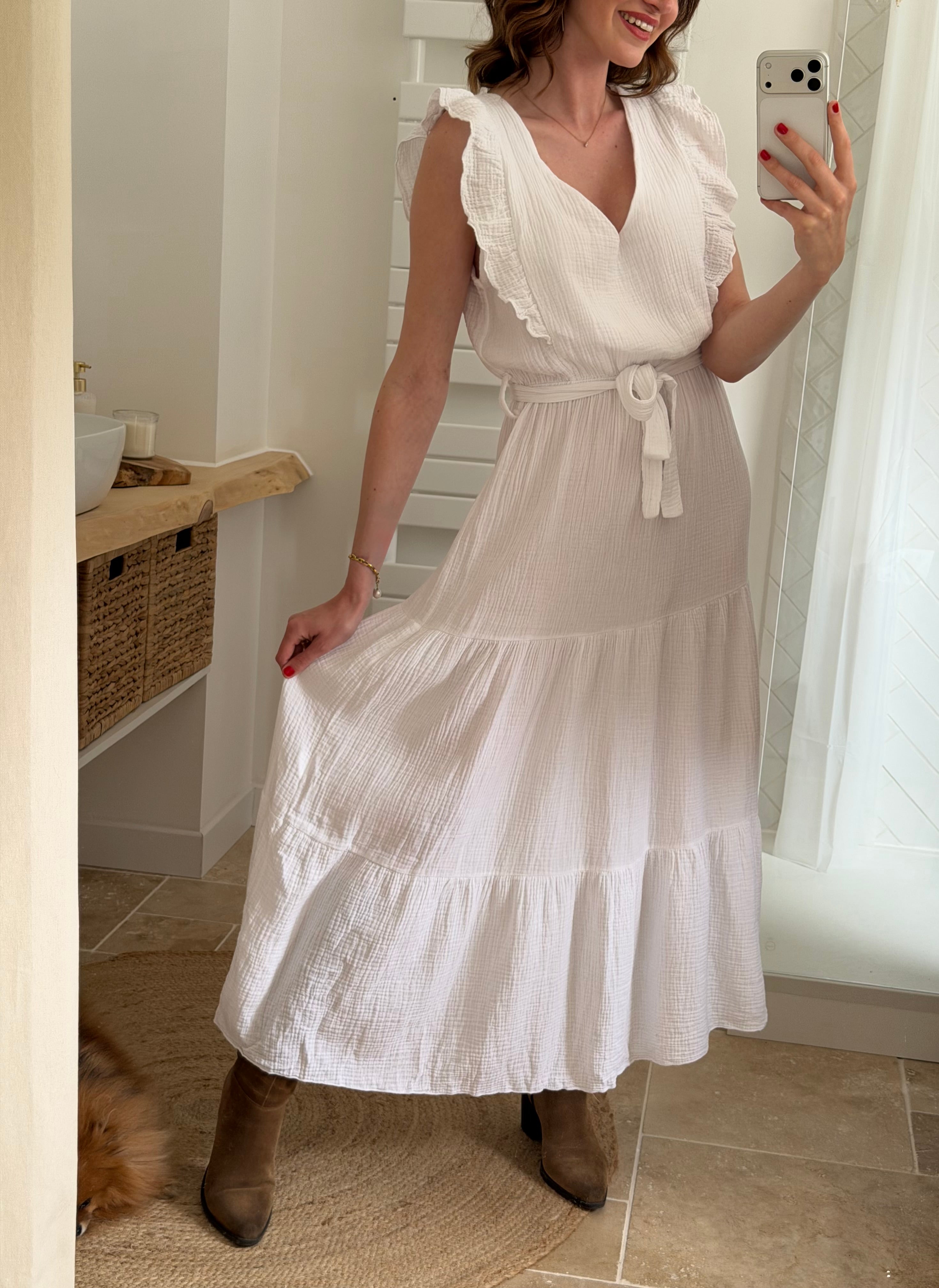 Robe longue en gaze de coton - Blanche