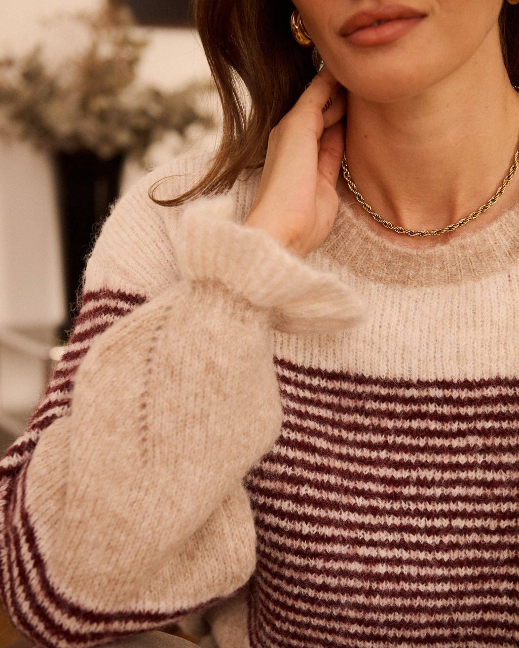 Pull écru rayures bordeaux