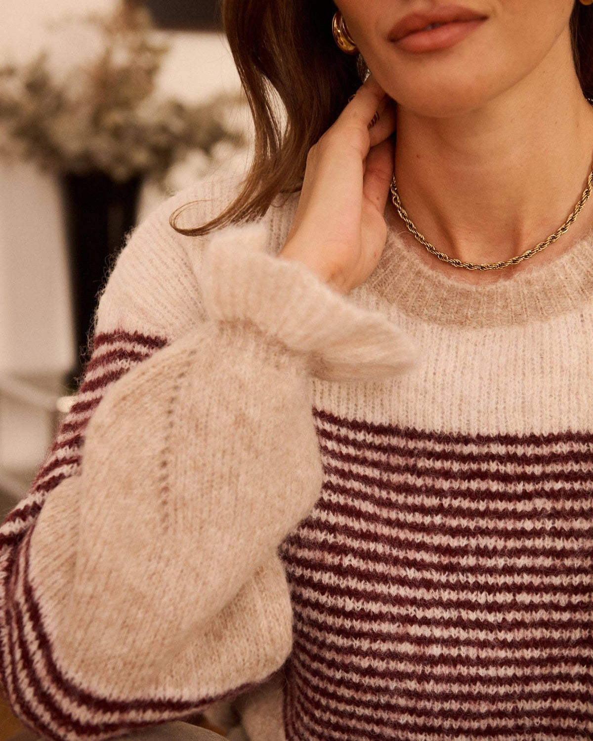 Pull écru rayures bordeaux