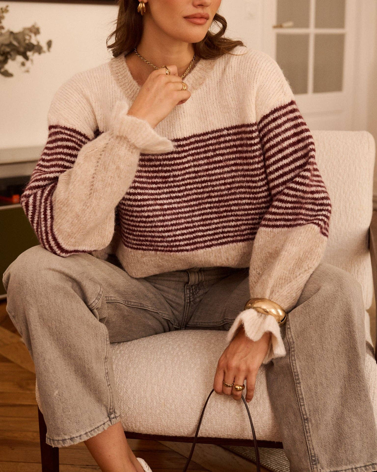 Pull écru rayures bordeaux