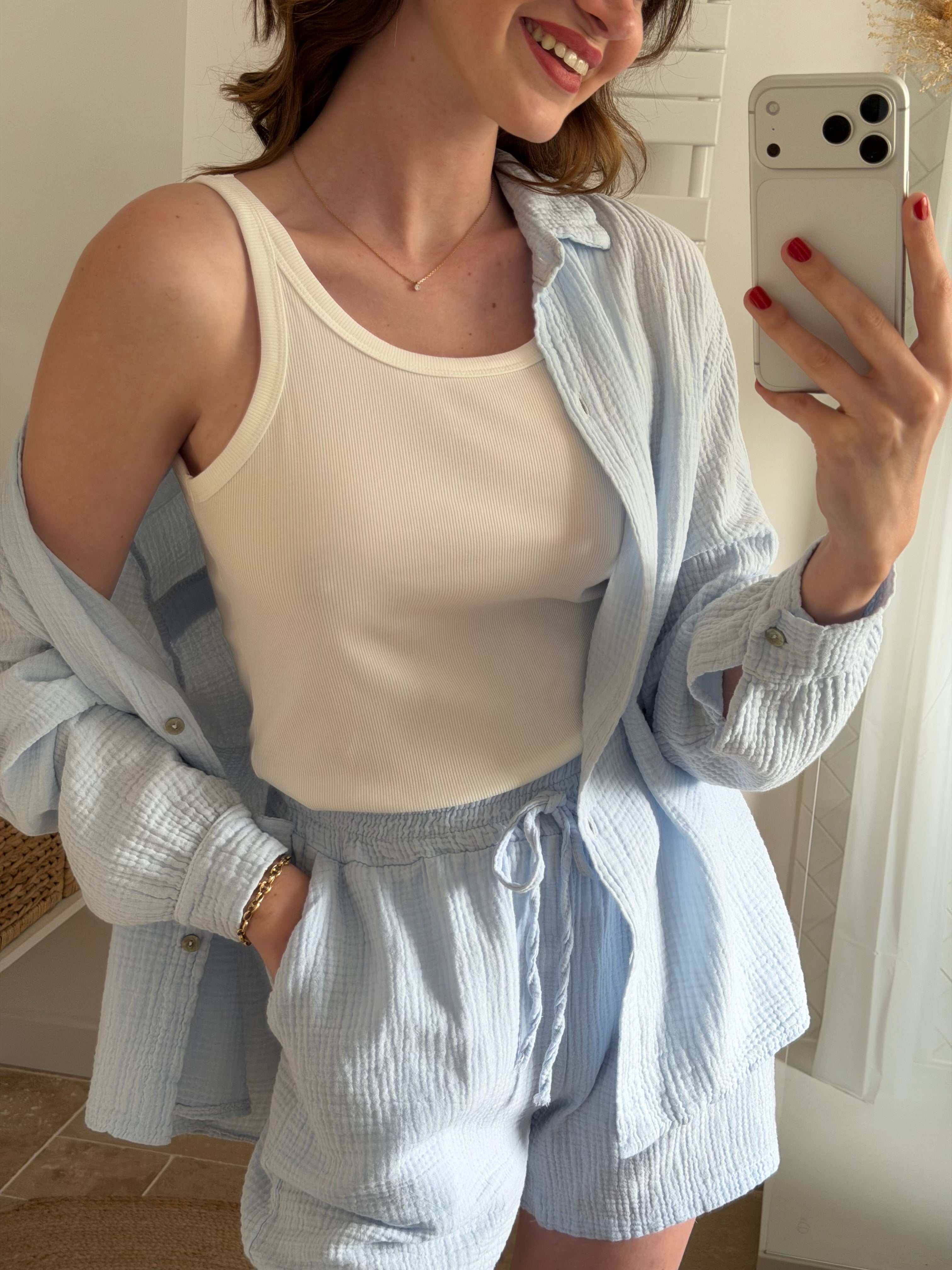 Short en gaze de coton - Bleu