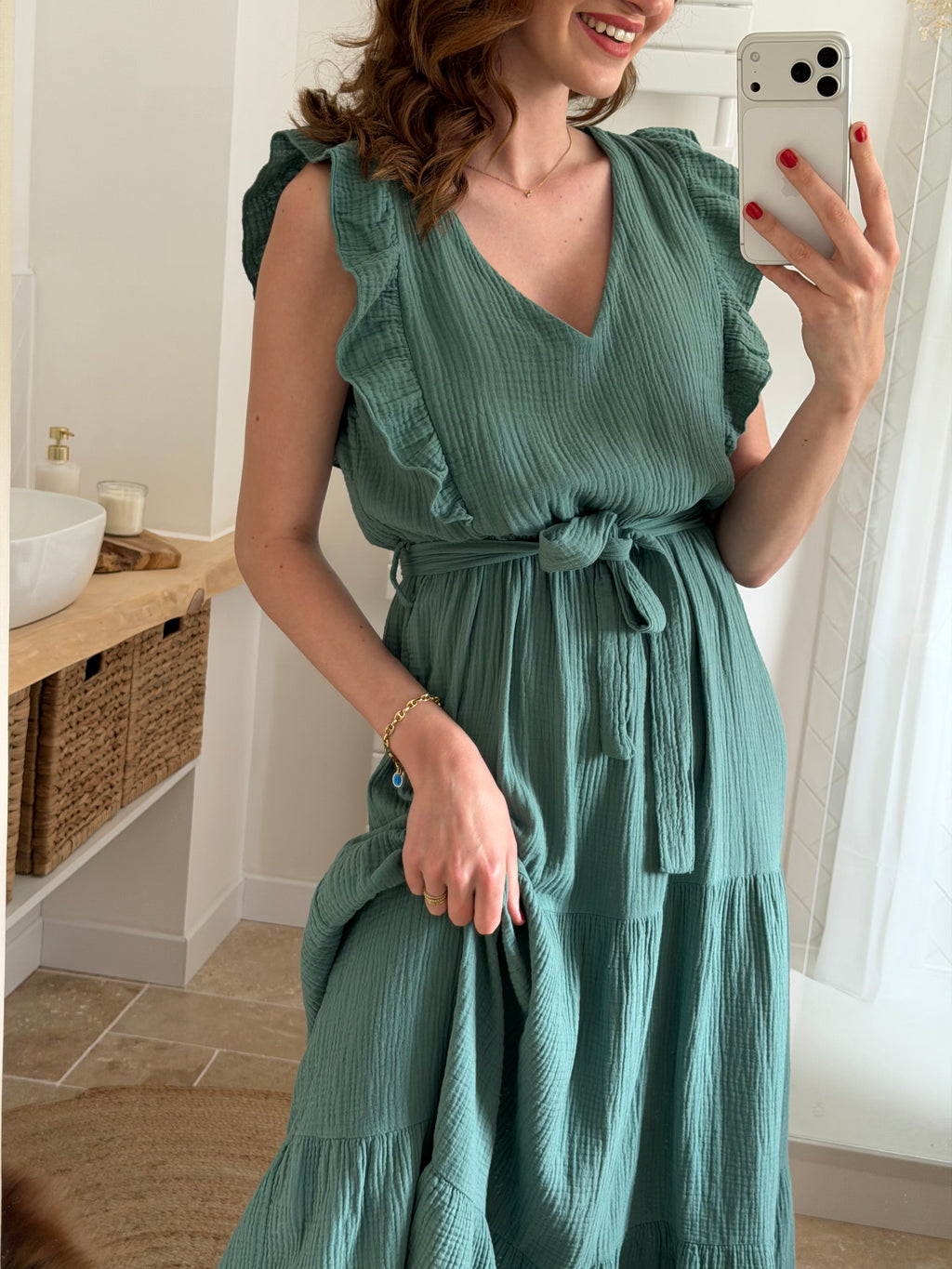 Robe longue en gaze de coton - Céladon