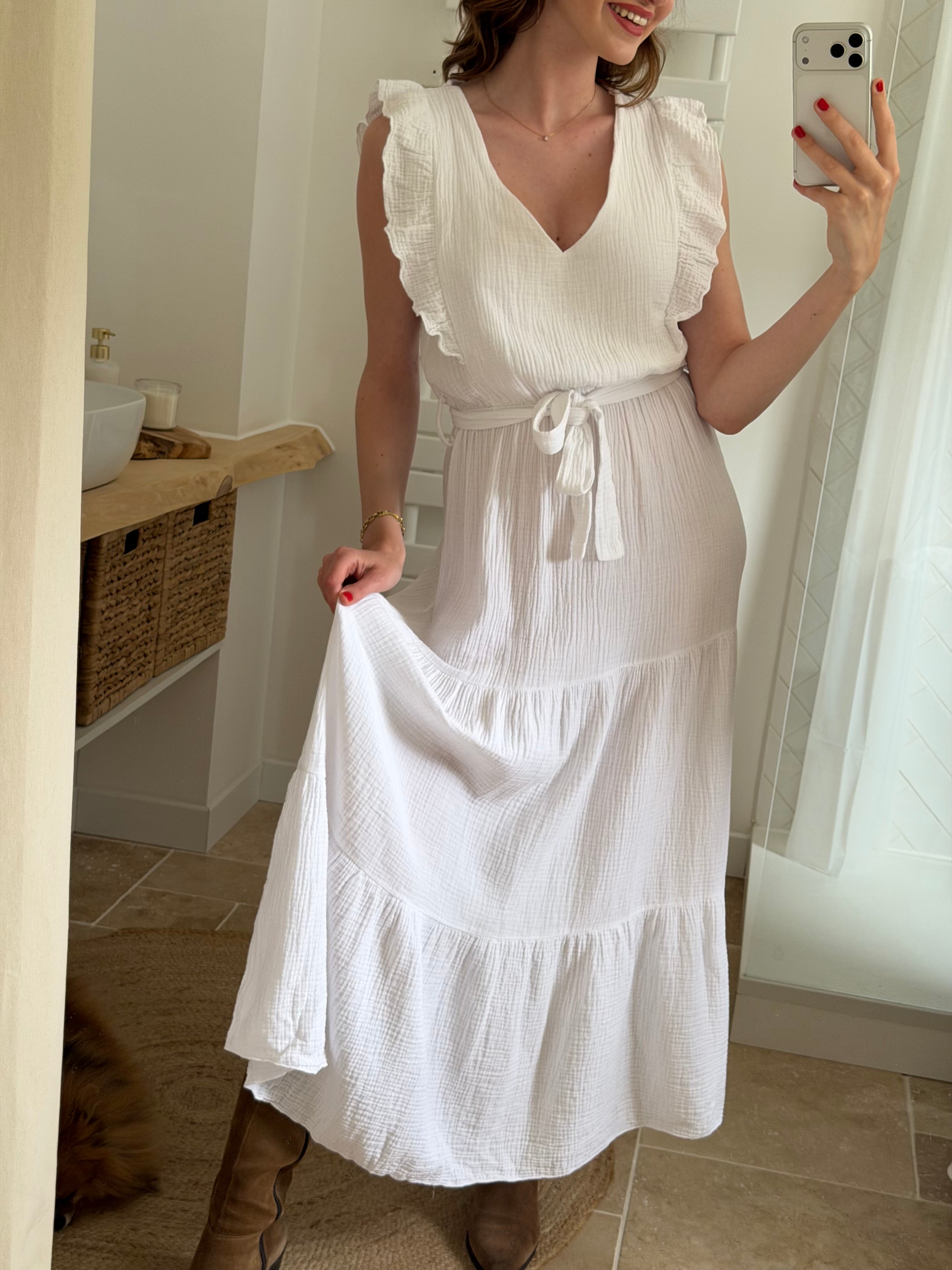 Robe longue en gaze de coton - Blanche