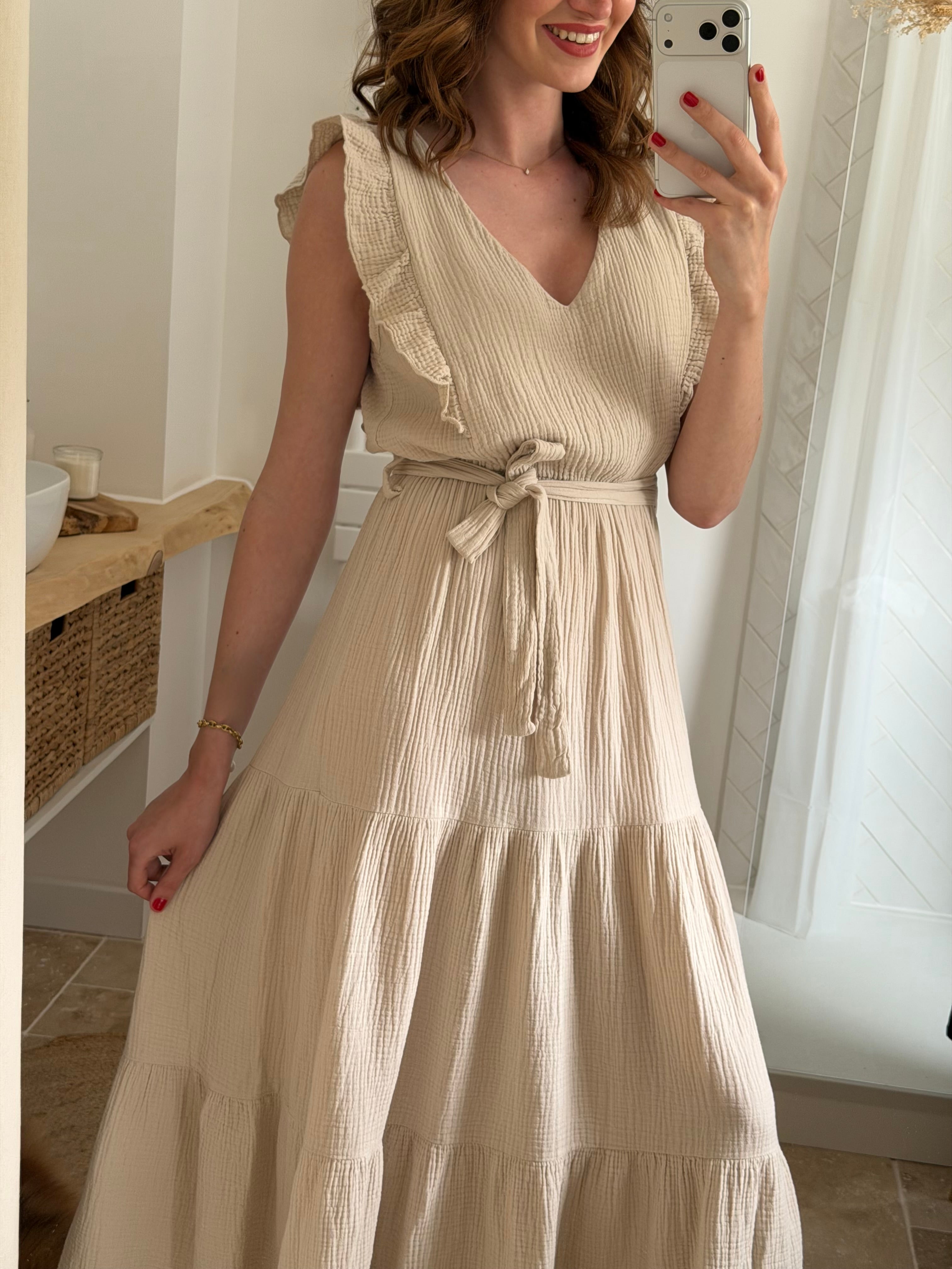 Robe longue en gaze de coton - Beige