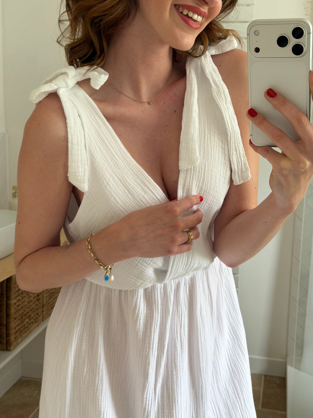 Robe longue en gaze de coton avec bretelles nouées