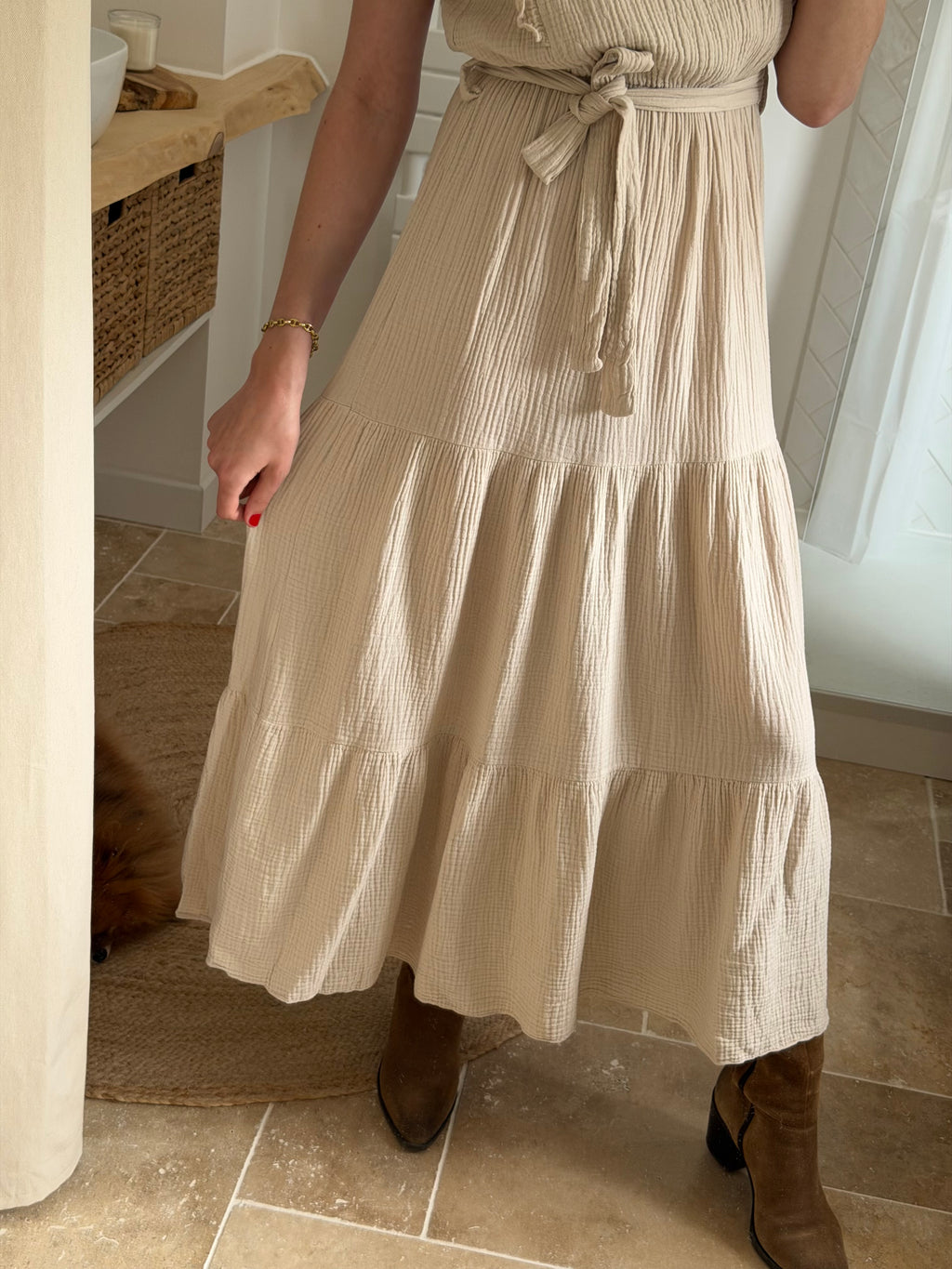 Robe longue en gaze de coton - Beige