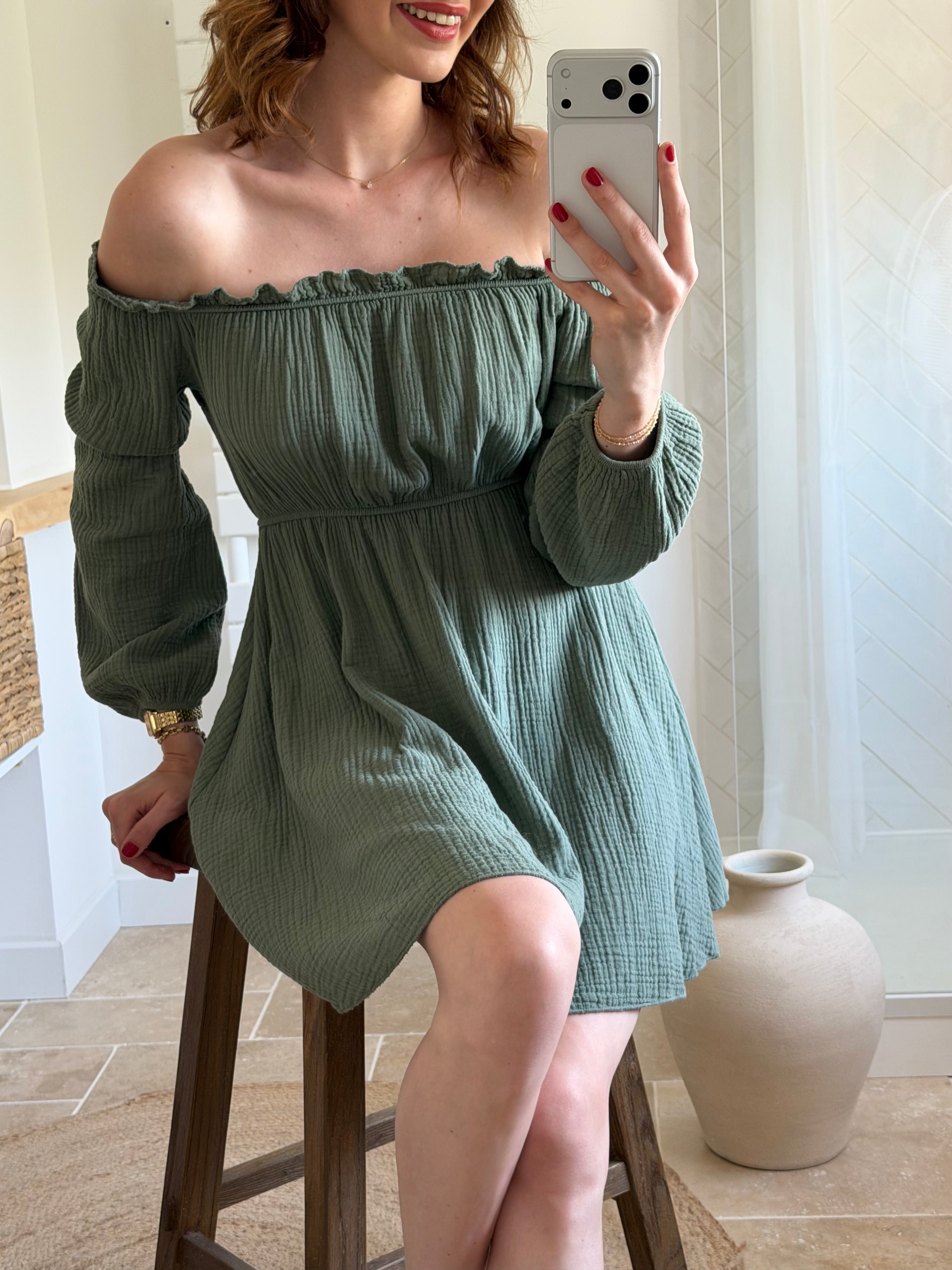 Robe courte épaules dénudées - Kaki