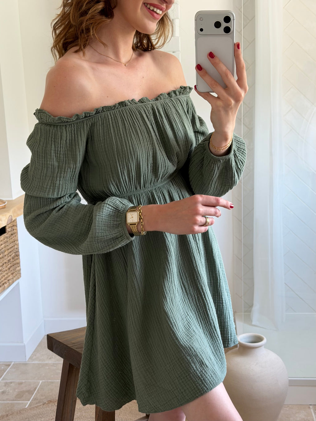 Robe courte épaules dénudées - Kaki