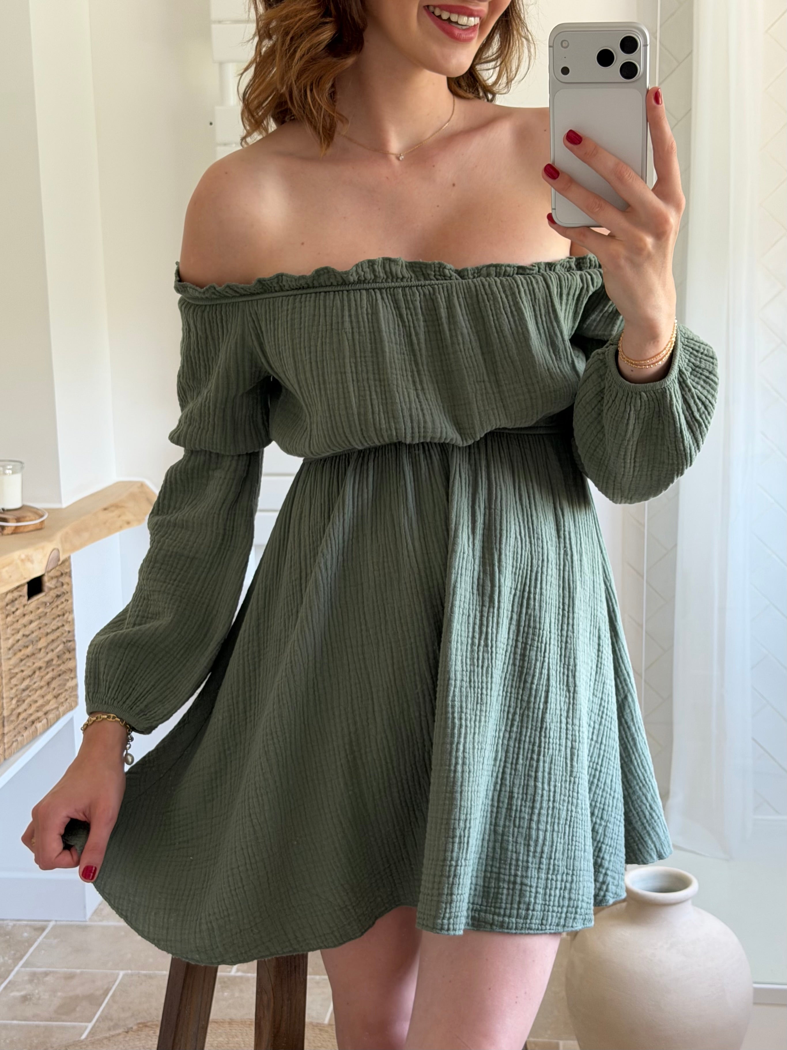 Robe courte épaules dénudées - Kaki