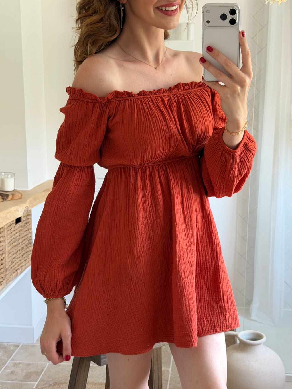 Robe courte épaules dénudées - Terracotta