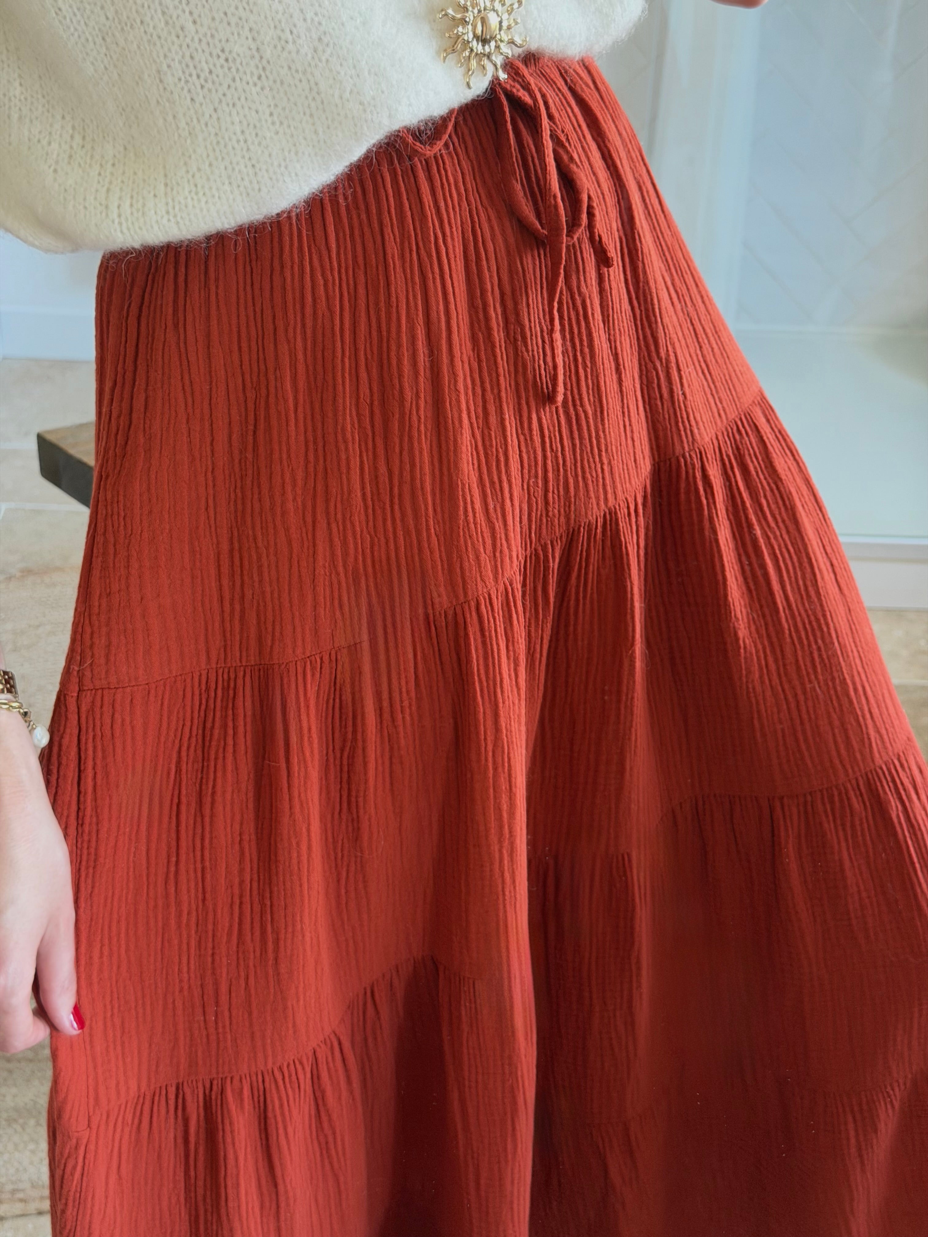 Jupe longue en gaze de coton - Terracotta