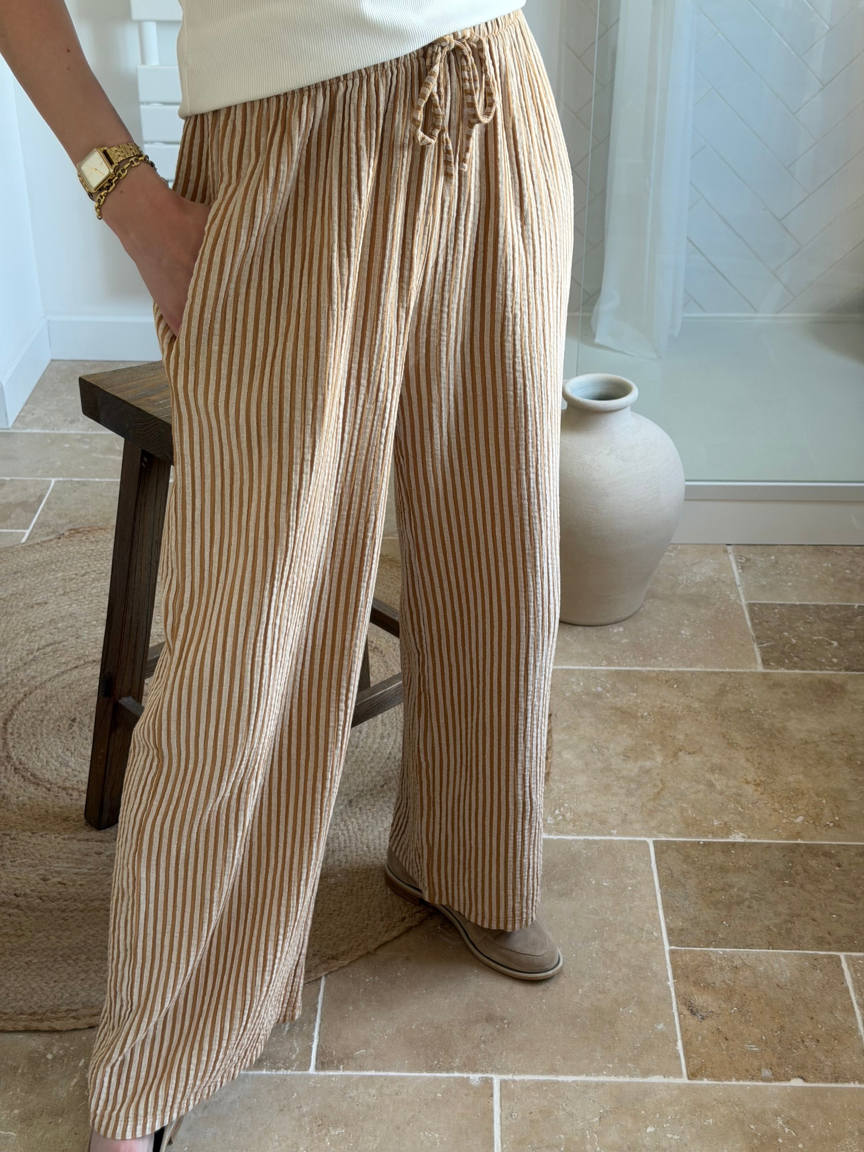 Pantalon rayé en gaze de coton - Camel