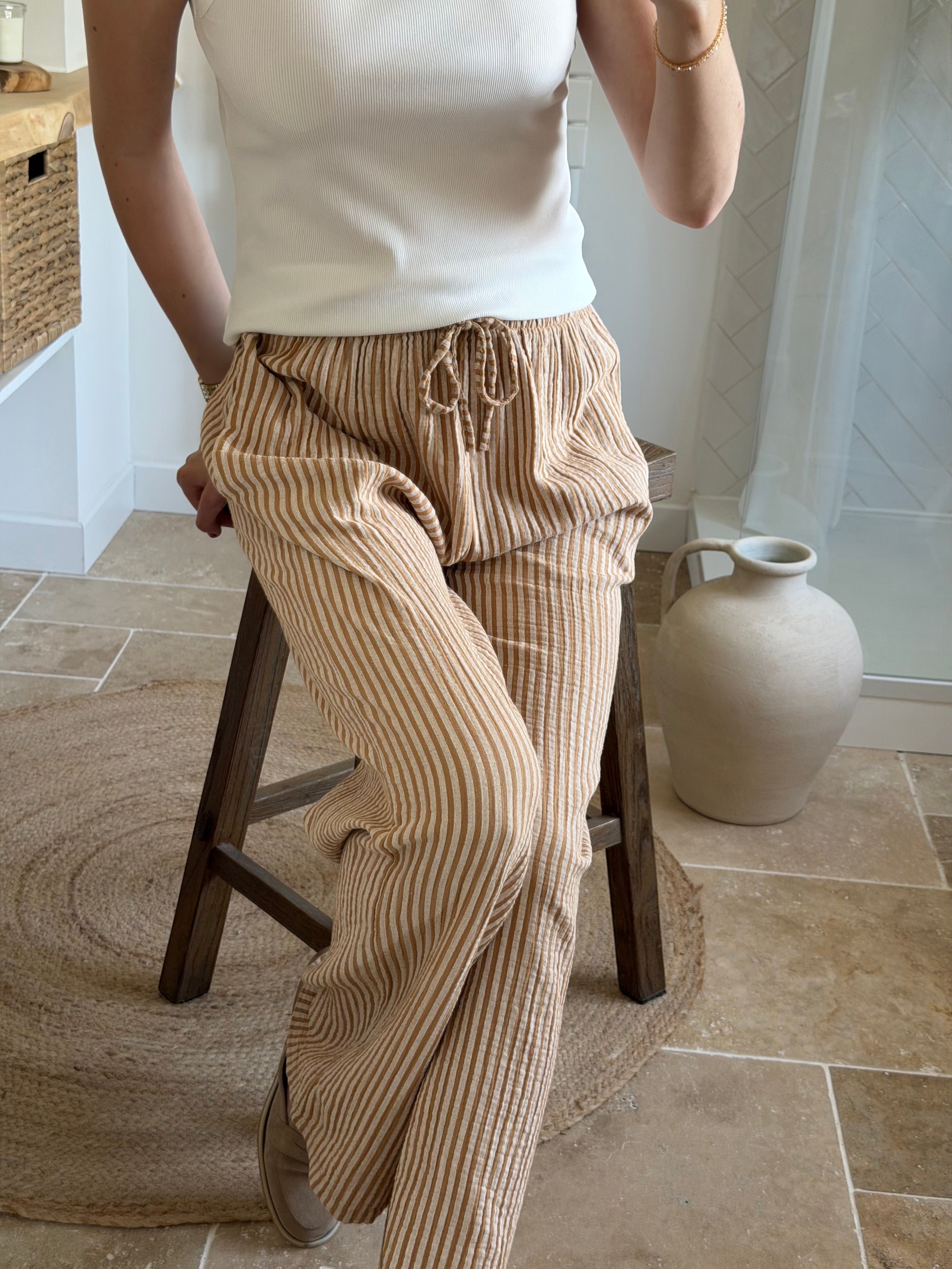 Pantalon rayé en gaze de coton - Camel