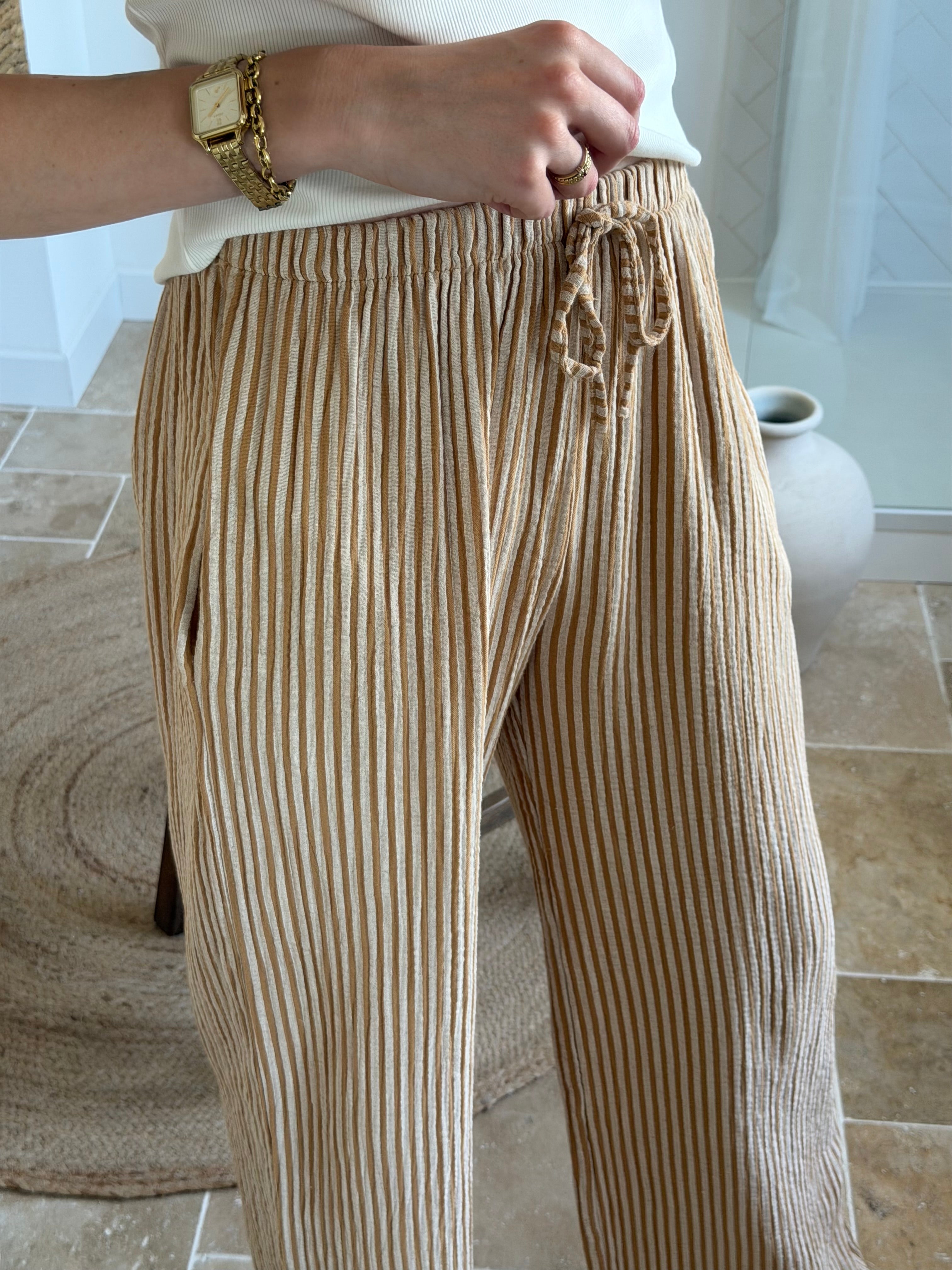 Pantalon rayé en gaze de coton - Camel