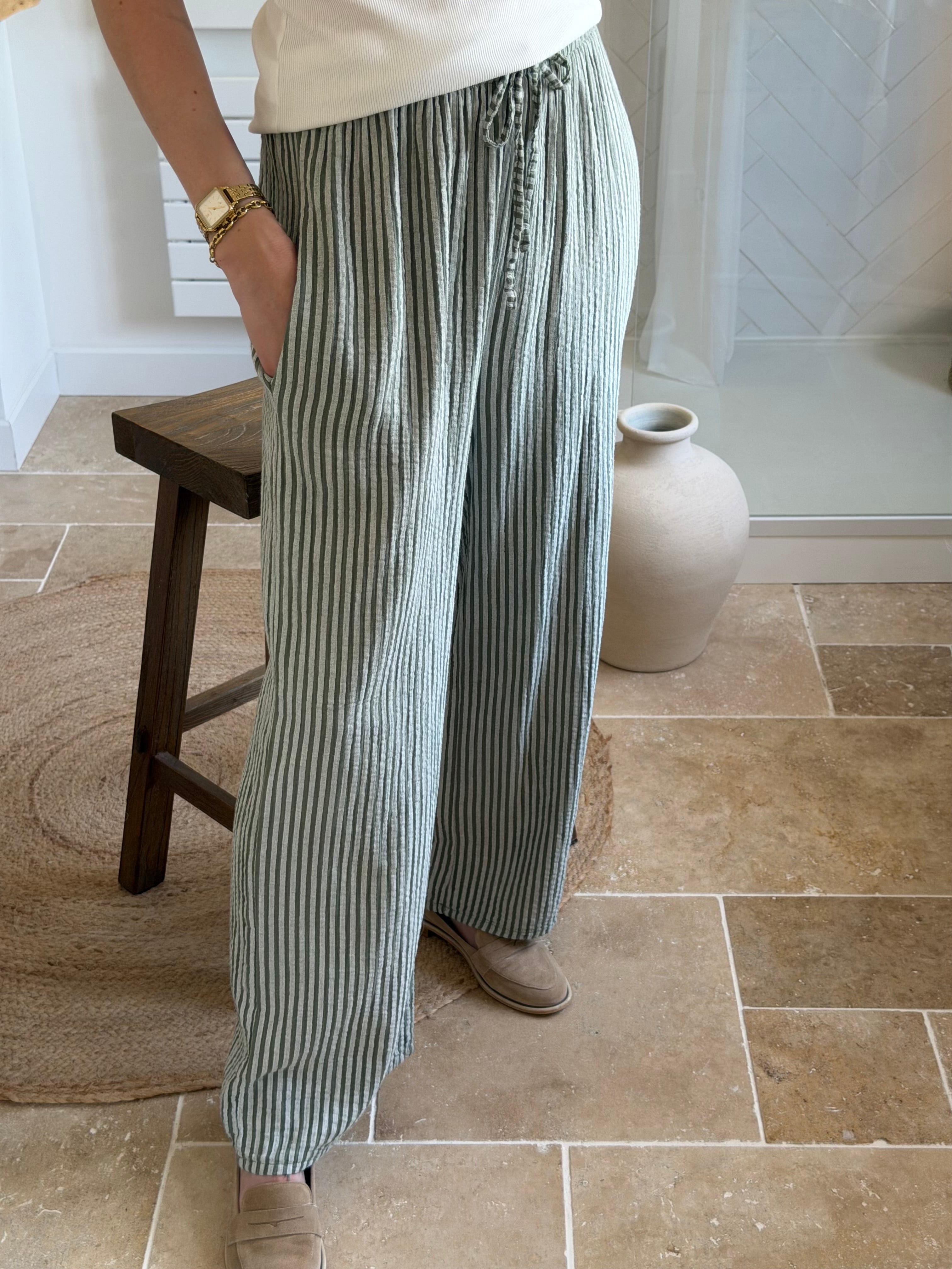 Pantalon rayé en gaze de coton - Kaki