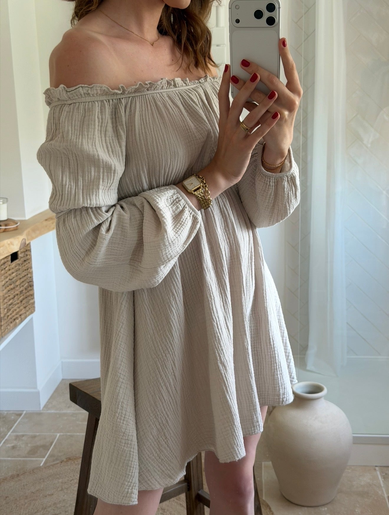 Robe courte épaules dénudées - Beige