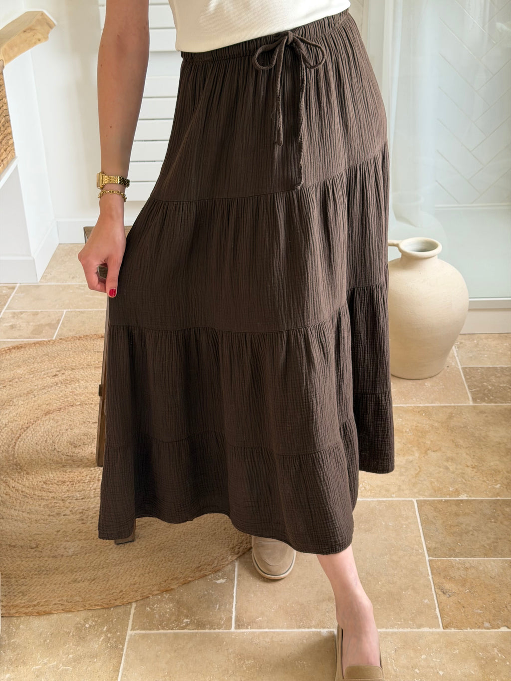 Jupe longue en gaze de coton - Chocolat