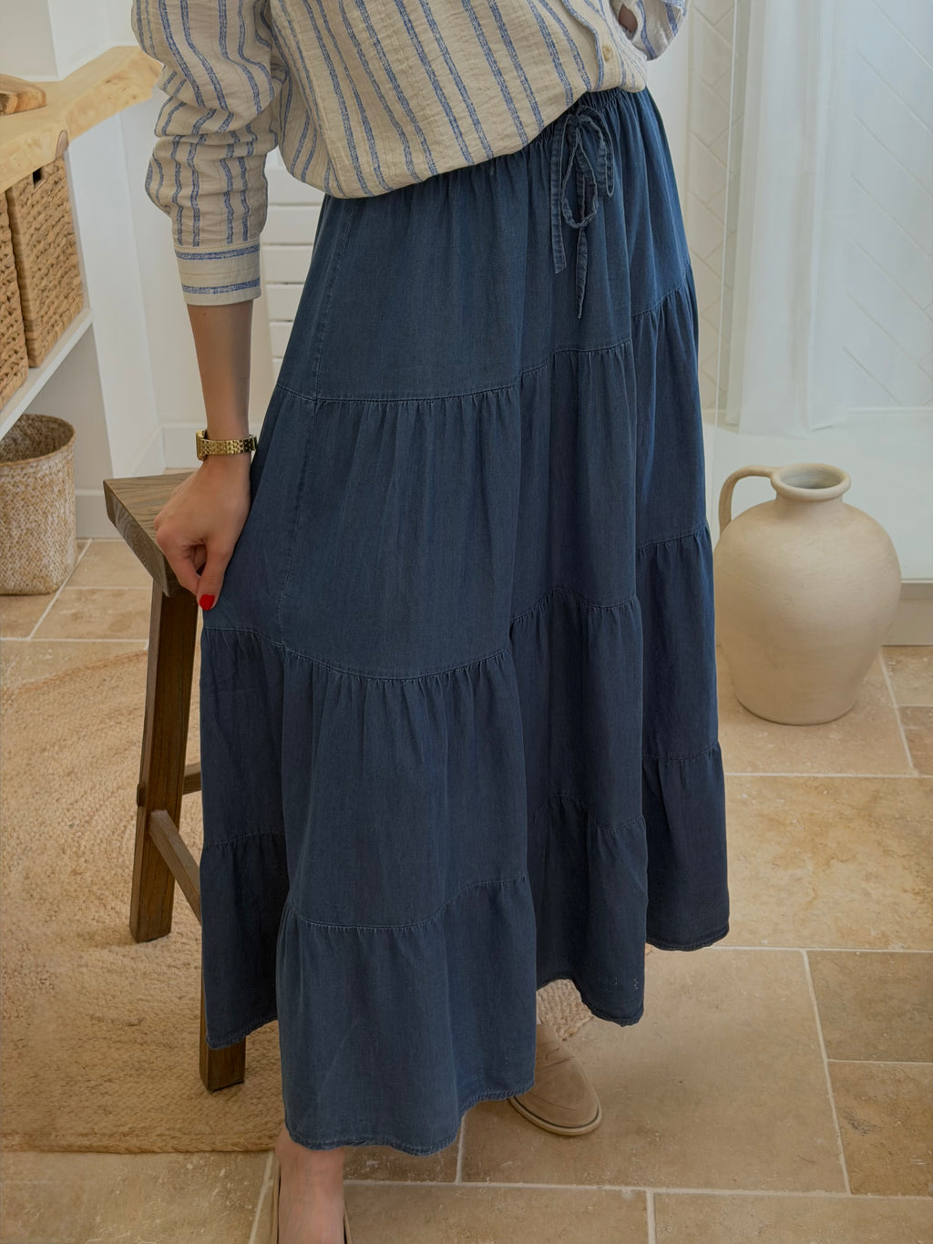 Jupe longue denim – Coupe ample et volants