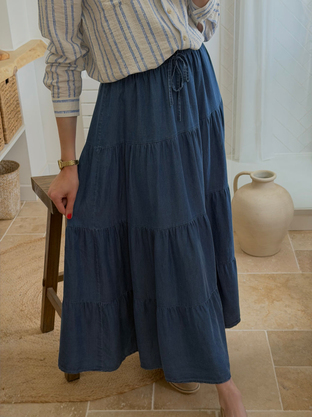 Jupe longue denim – Coupe ample et volants