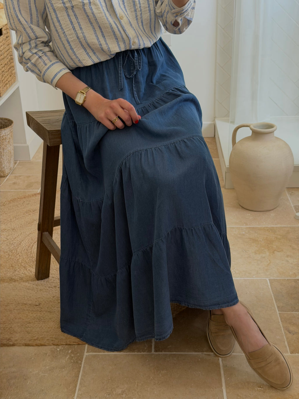 Jupe longue denim – Coupe ample et volants