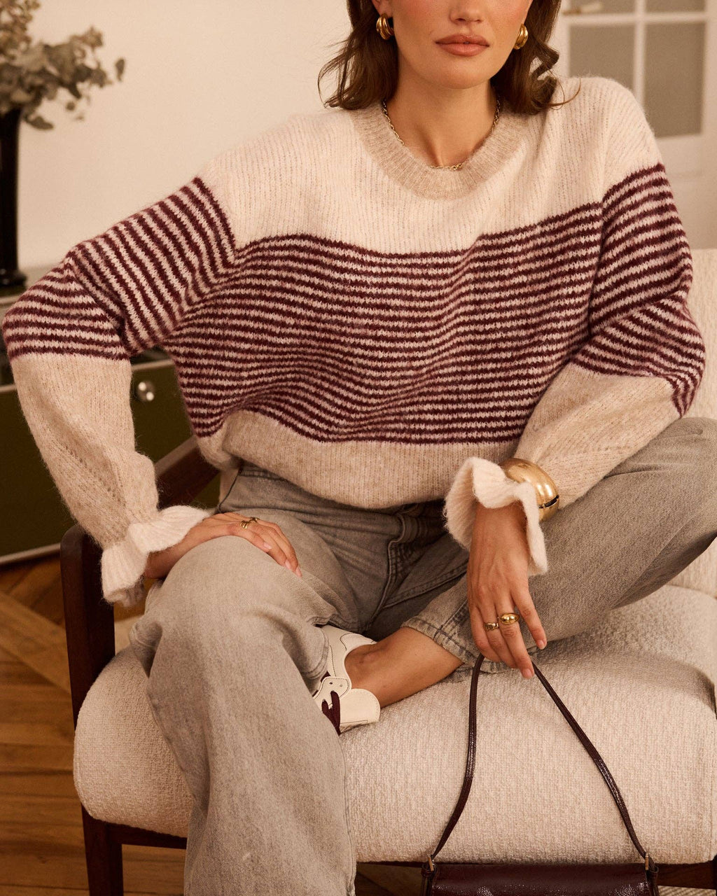 Pull écru rayures bordeaux